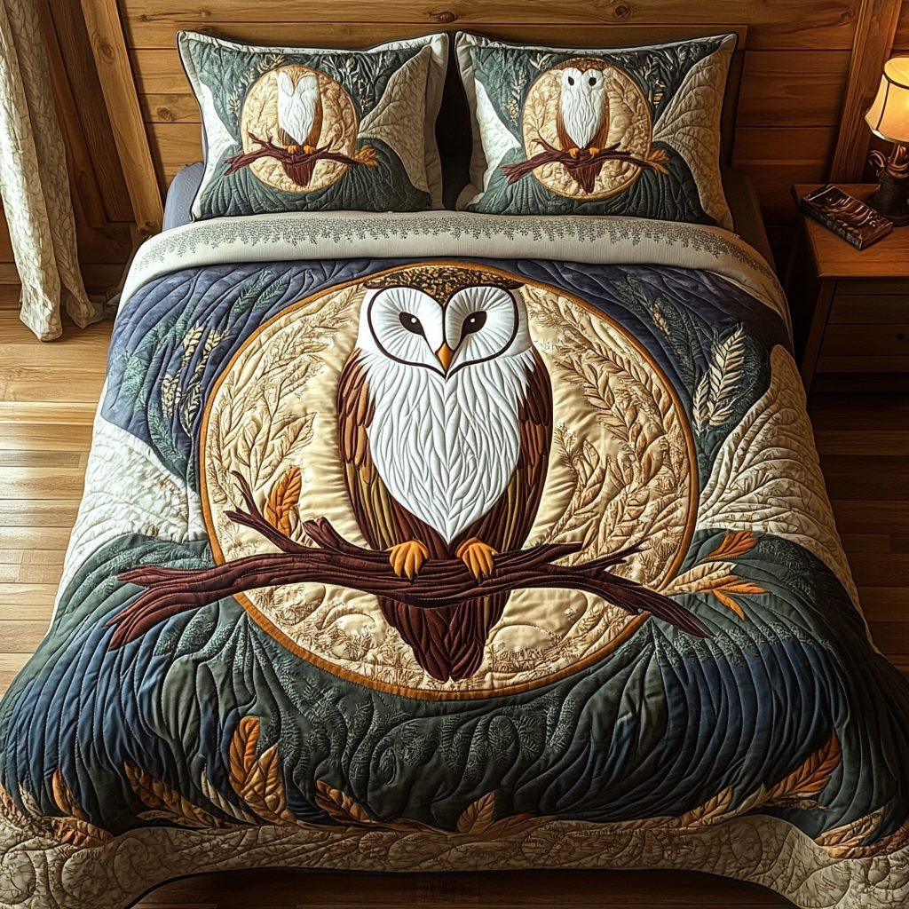 Owl Silence quilted 3-piece bedding set on a made bed with two matching pillow shams