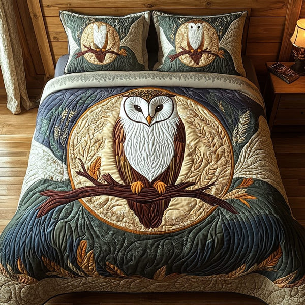 Owl Silence quilted 3-piece bedding set on a made bed with two matching pillow shams