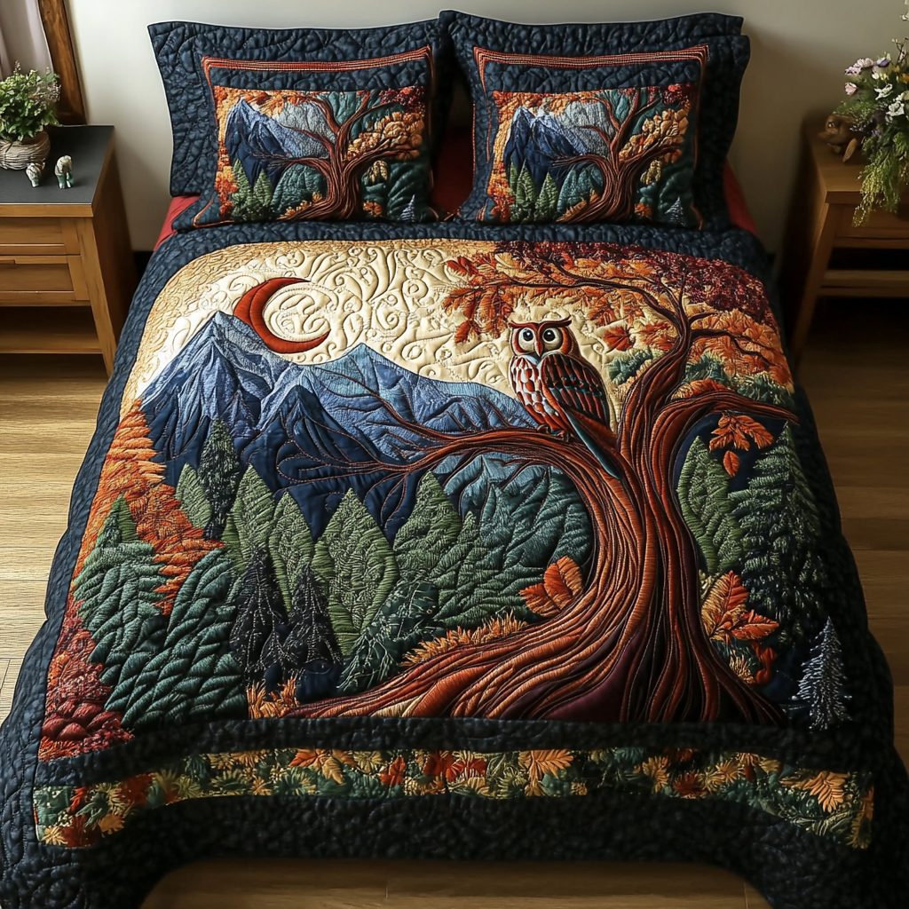 Owl Soul quilted 3-piece bedding set on a made bed with two matching pillow shams