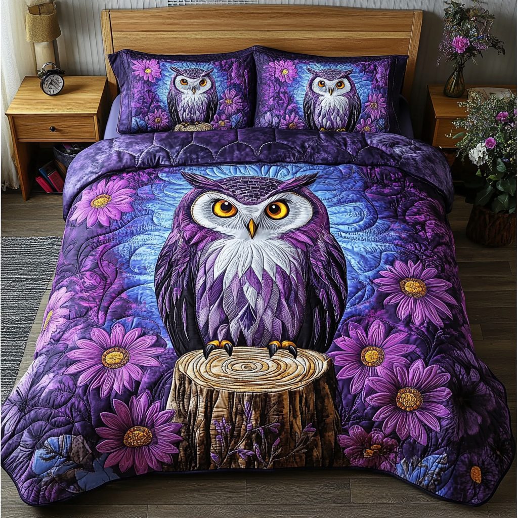 Owl Spirit quilted 3-piece bedding set on a made bed with two matching pillow shams