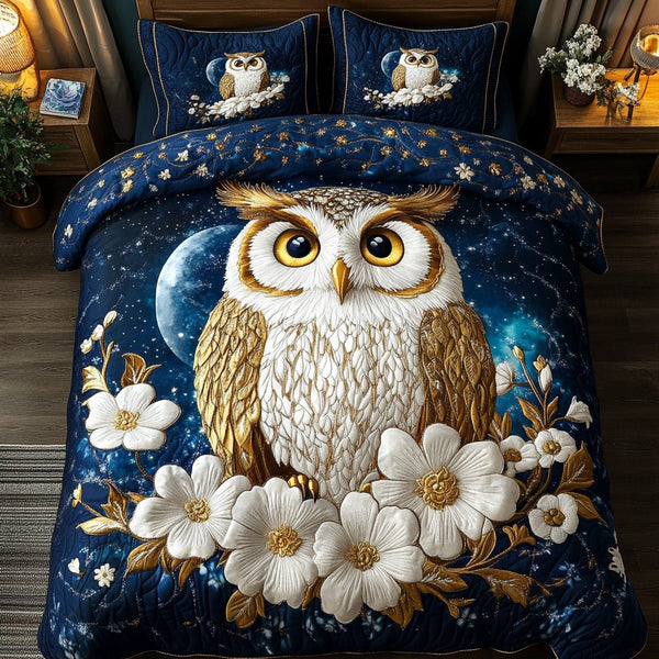 Owl Spirit quilted 3-piece bedding set on a made bed with two matching pillow shams