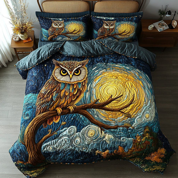 Owl Twilight quilted 3-piece bedding set on a made bed with two matching pillow shams
