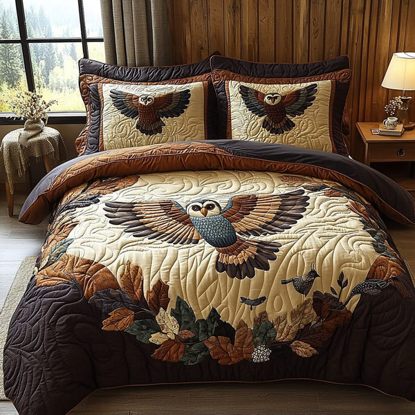 Owl Vintage Charm quilted 3-piece bedding set on a made bed in a farmhouse bedroom