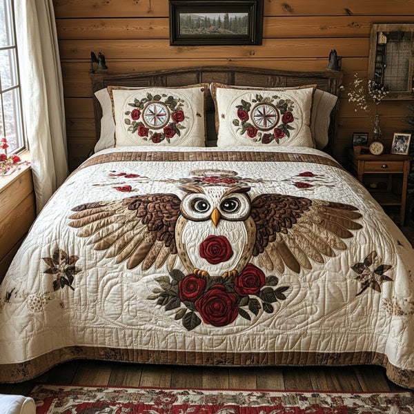 Owl Vintage Charm quilted 3-piece bedding set on a made bed in a farmhouse bedroom