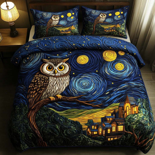 Owl Watcher quilted 3-piece bedding set on a made bed with two matching pillow shams