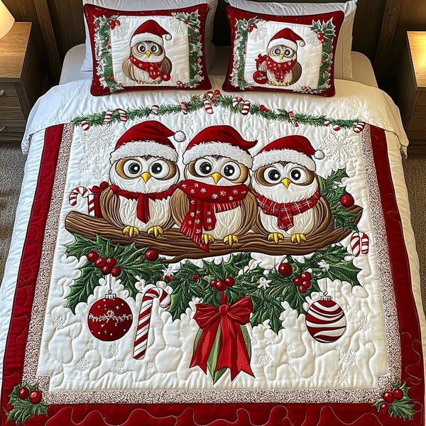Owl Wonderland quilted 3-piece bedding set on a made bed with two matching pillow shams