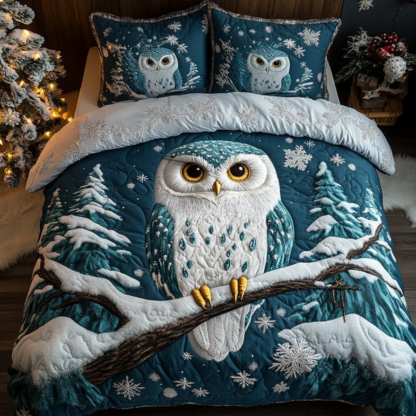 Owliday Cheer quilted 3-piece bedding set on a made bed with two matching pillow shams