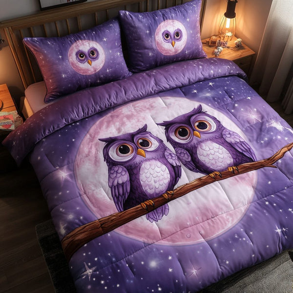 Owlways Together quilted 3-piece bedding set on a made bed with two matching pillow shams