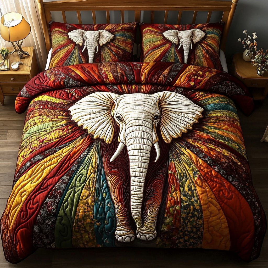 Pachyderm Paradise quilted 3-piece bedding set on a made bed with two matching pillow shams