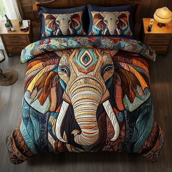 Pachyderm Patterns quilted 3-piece bedding set on a made bed with two matching pillow shams