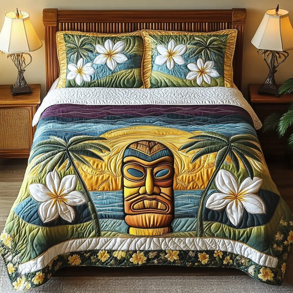 Pacific Blessing quilted 3-piece bedding set on a made bed with two matching pillow shams