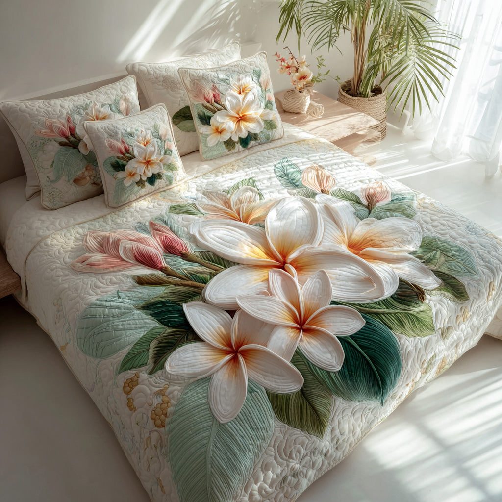 Pacific Petal quilted 3-piece bedding set on a made bed with two matching pillow shams