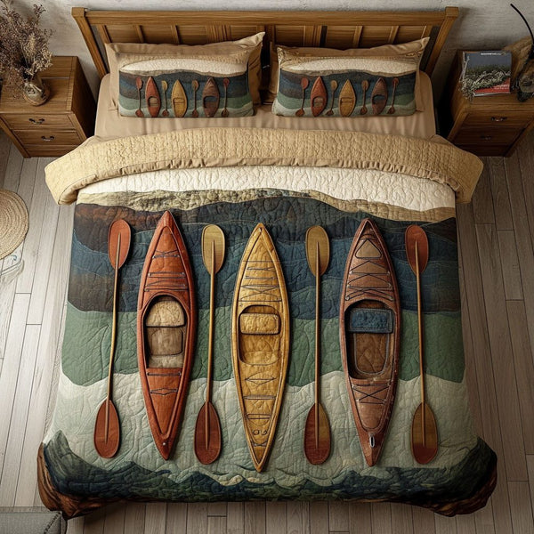 Paddle Flow quilted 3-piece bedding set on a made bed with two matching pillow shams