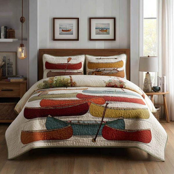 Paddle Quest quilted 3-piece bedding set on a made bed with two matching pillow shams
