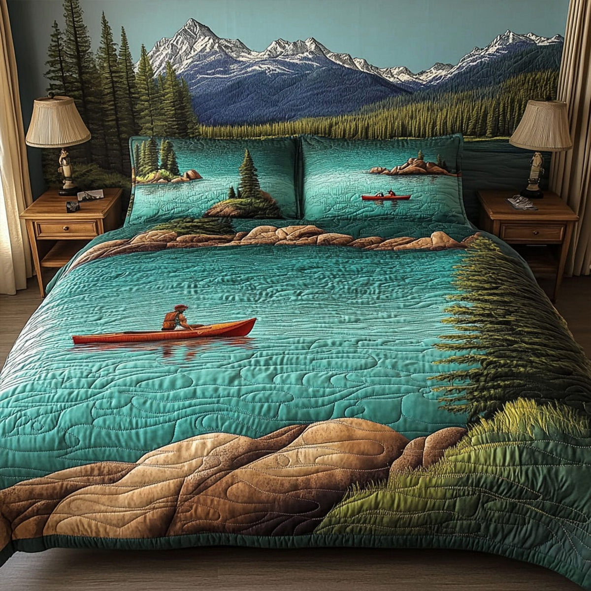 Paddle Through Paradise quilted 3-piece bedding set on a made bed with two matching pillow shams