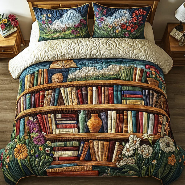 Page Perch quilted 3-piece bedding set on a made bed with two matching pillow shams