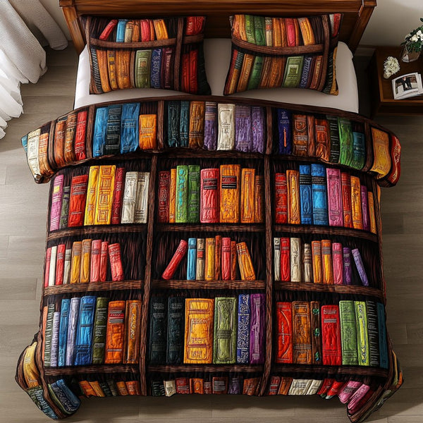 Page Turner quilted 3-piece bedding set on a made bed with two matching pillow shams