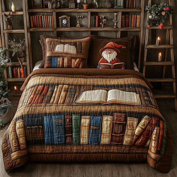 Pages and Potions quilted 3-piece bedding set on a made bed against a dark styled interior