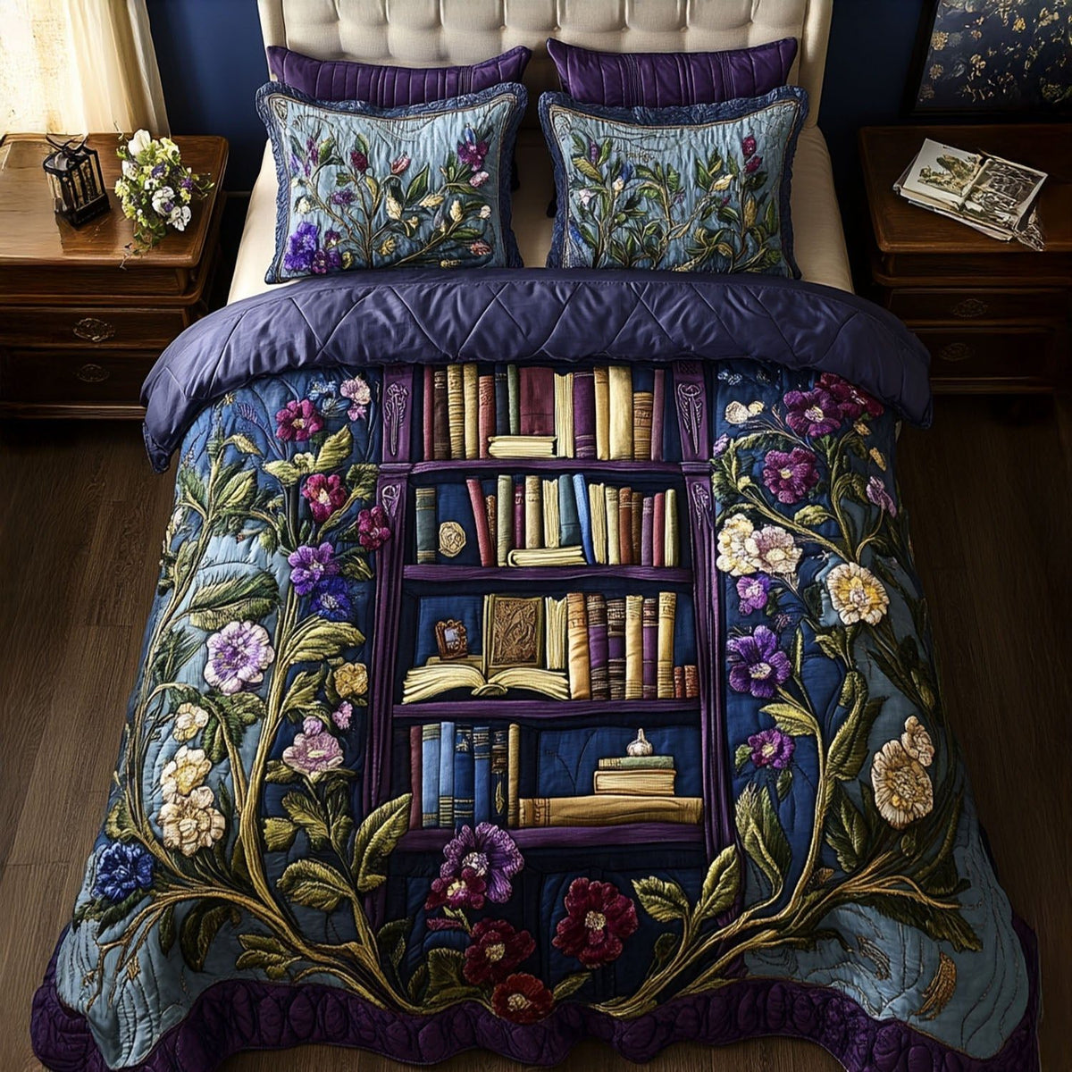 Pages of Paradise quilted 3-piece bedding set on a made bed with two matching pillow shams