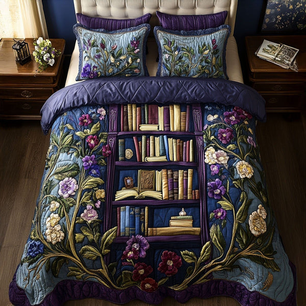 Pages of Paradise quilted 3-piece bedding set on a made bed with two matching pillow shams