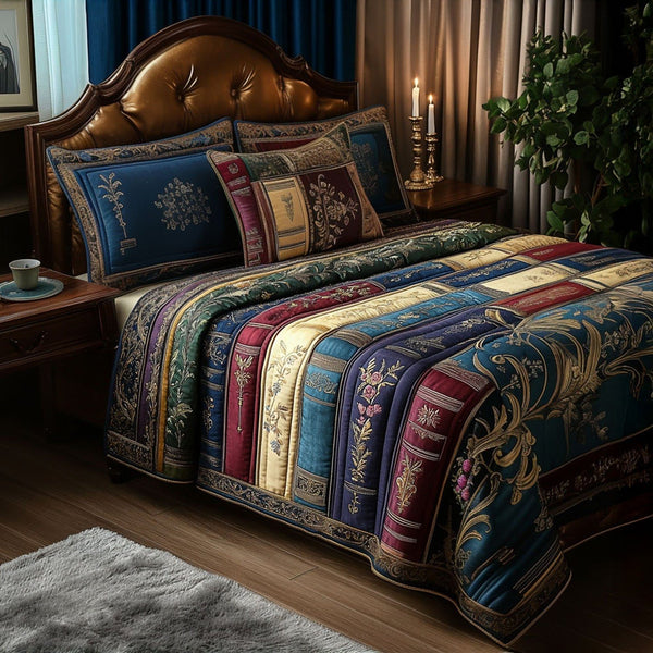 Pages of the Past quilted 3-piece bedding set on a made bed with two matching pillow shams