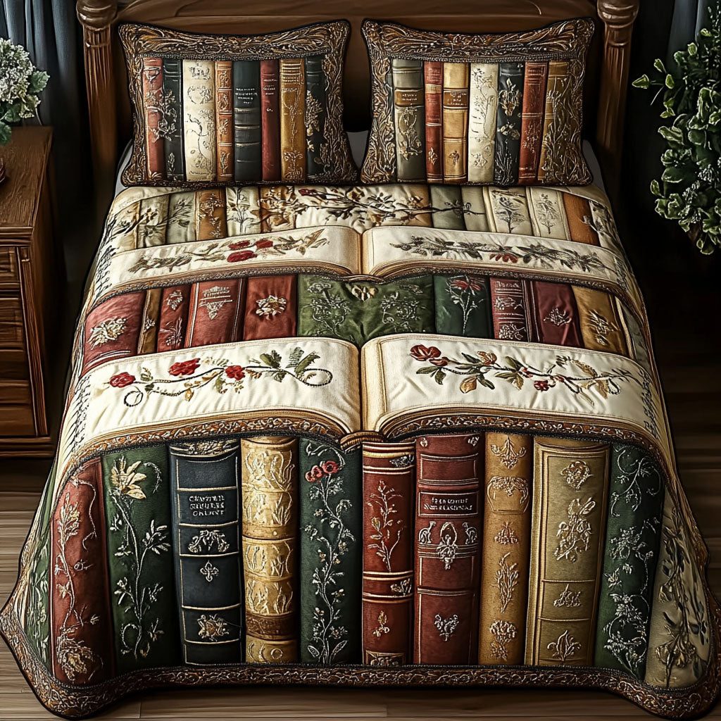 Pages of Time quilted 3-piece bedding set on a made bed with two matching pillow shams