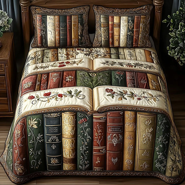 Pages of Time quilted 3-piece bedding set on a made bed with two matching pillow shams