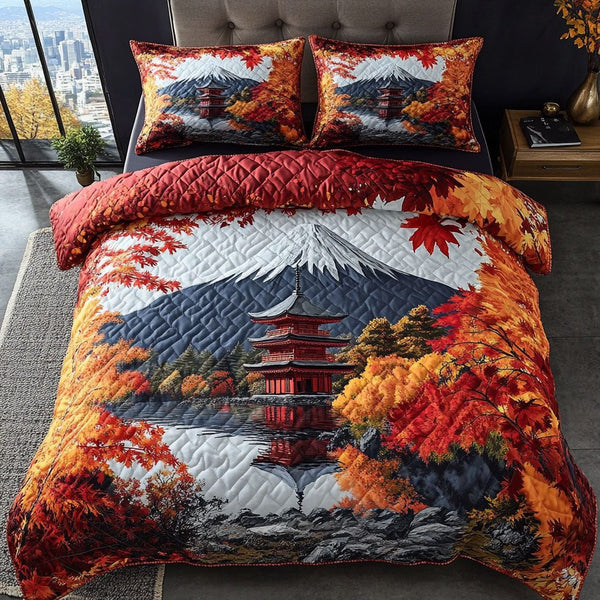 Pagoda Serenity quilted 3-piece bedding set on a made bed with two matching pillow shams