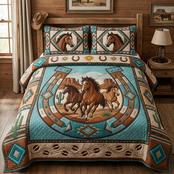 Painted Desert Riders quilted 3-piece bedding set on a made bed with two matching pillow shams