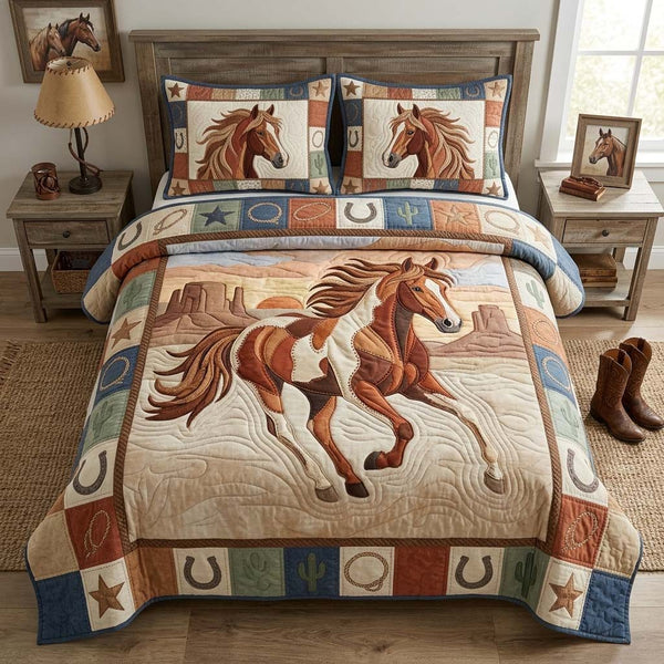 Painted Desert Runner quilted 3-piece bedding set on a made bed with two matching pillow shams