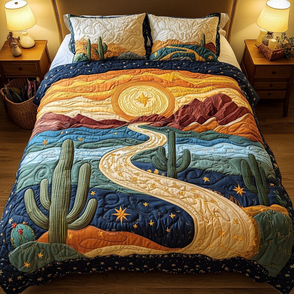 Painted Hills quilted 3-piece bedding set on a made bed with two matching pillow shams