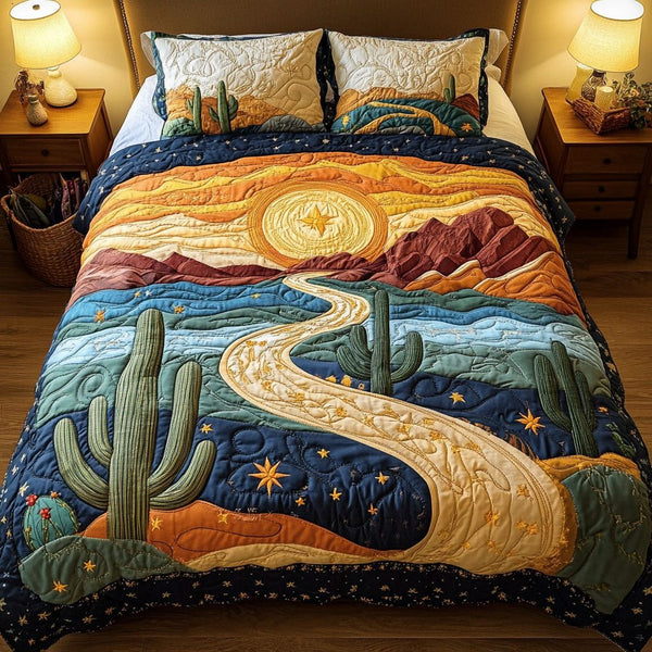 Painted Hills quilted 3-piece bedding set on a made bed with two matching pillow shams