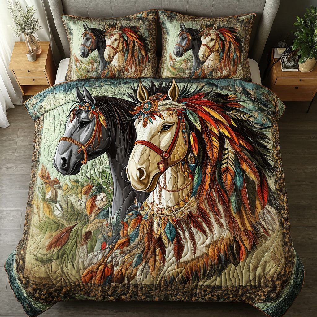 Painted Hooves quilted 3-piece bedding set on a made bed with two matching pillow shams