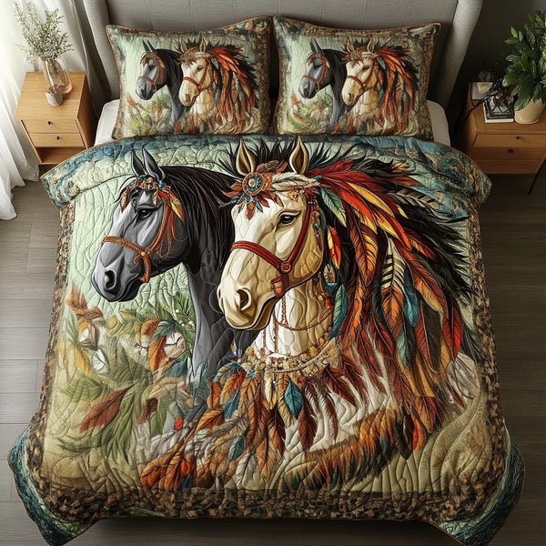 Painted Hooves quilted 3-piece bedding set on a made bed with two matching pillow shams