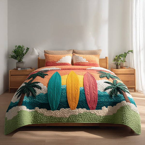 Painted Horizon quilted 3-piece bedding set on a made bed with two matching pillow shams