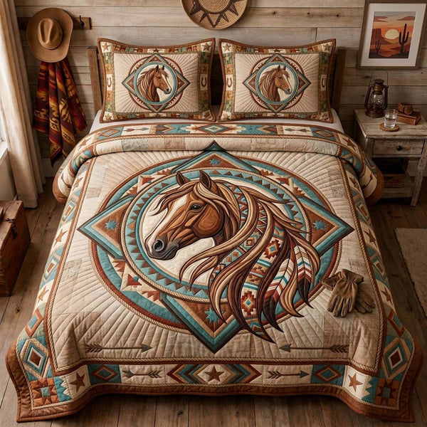 Painted Horse Spirit quilted 3-piece bedding set on a made bed in a rustic timber bedroom