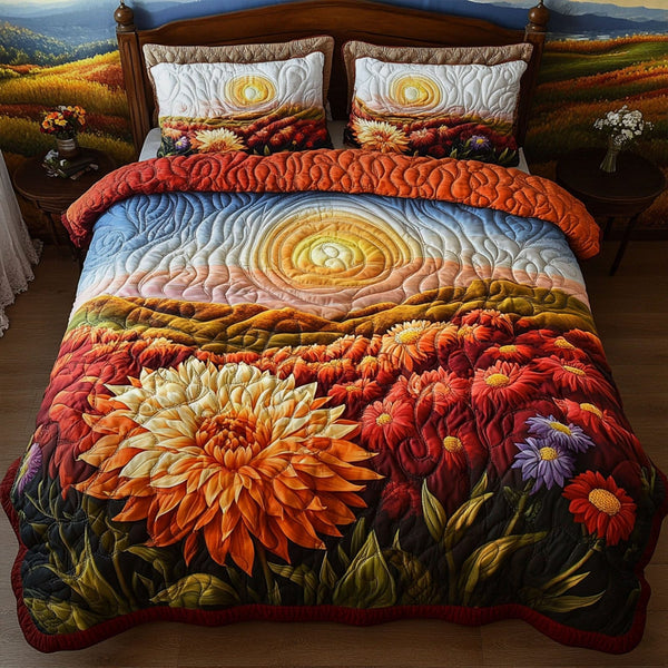 Painted Leaves and Flowers quilted 3-piece bedding set on a made bed with two matching pillow shams