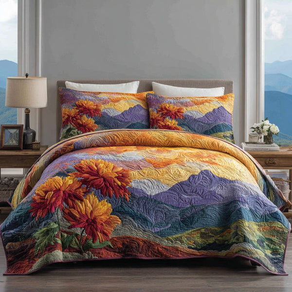 Painted Meadows quilted 3-piece bedding set on a made bed with two matching pillow shams