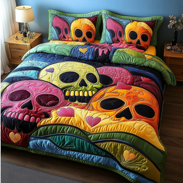 Painted Skulls quilted 3-piece bedding set on a made bed against a dark styled interior