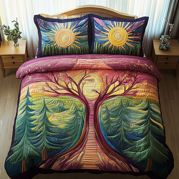 Palette of Nature quilted 3-piece bedding set on a made bed with two matching pillow shams