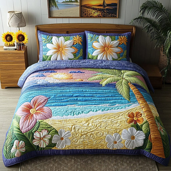 Palm Breeze quilted 3-piece bedding set on a made bed in a light coastal bedroom
