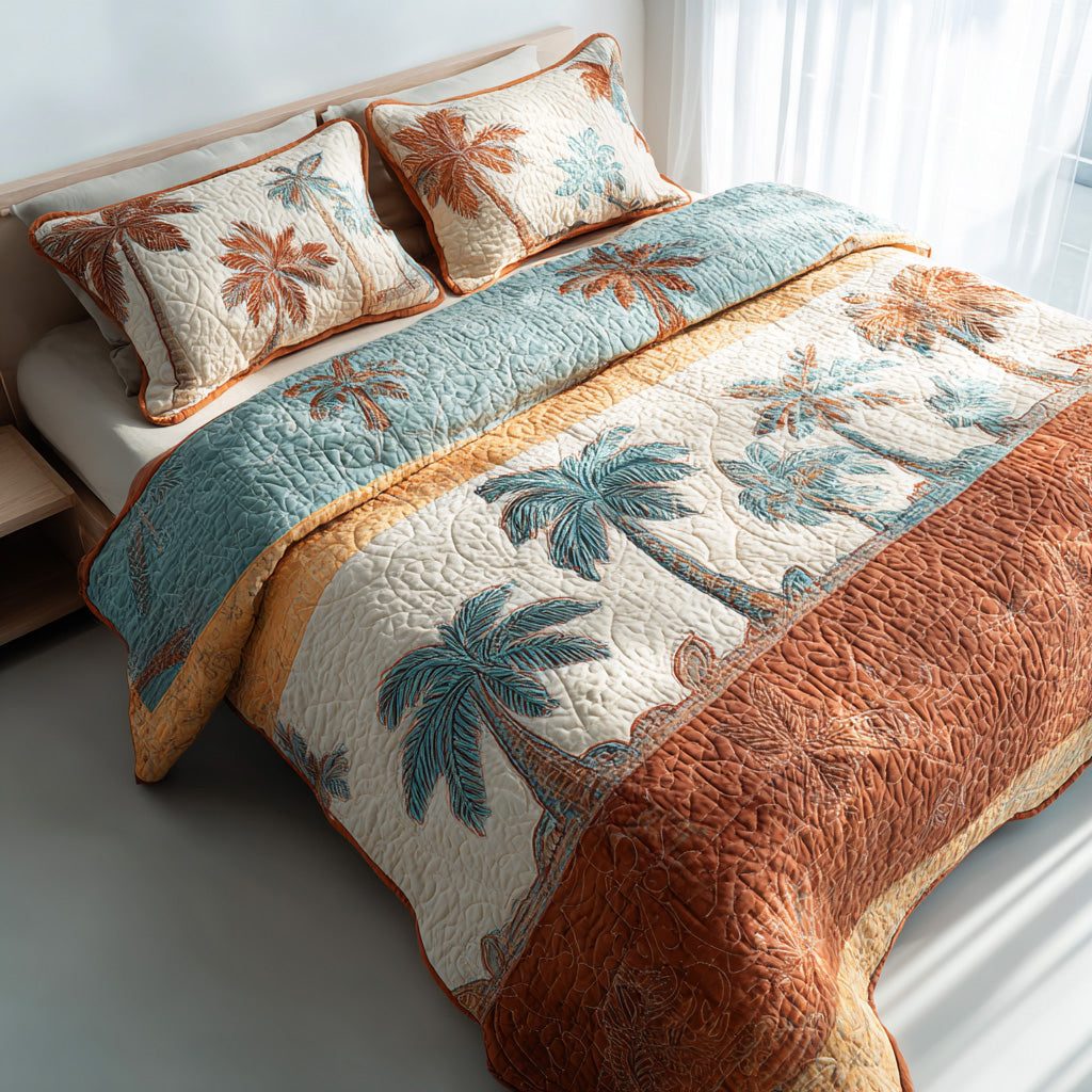 Palm Breeze quilted 3-piece bedding set on a made bed in a light coastal bedroom
