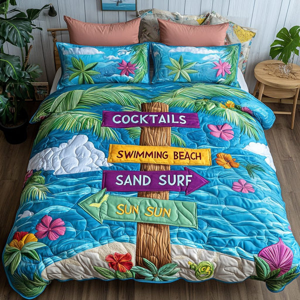 Palm Dreams quilted 3-piece bedding set on a made bed in a light coastal bedroom