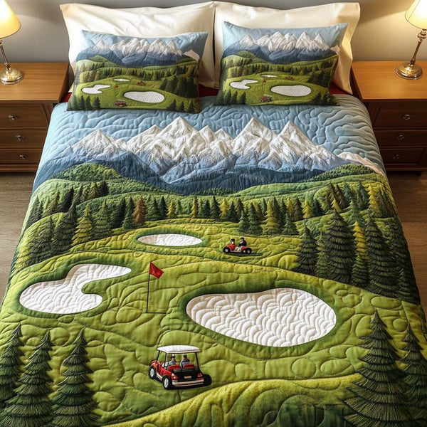 Palm Edge Golf Course quilted 3-piece bedding set on a made bed in a light coastal bedroom