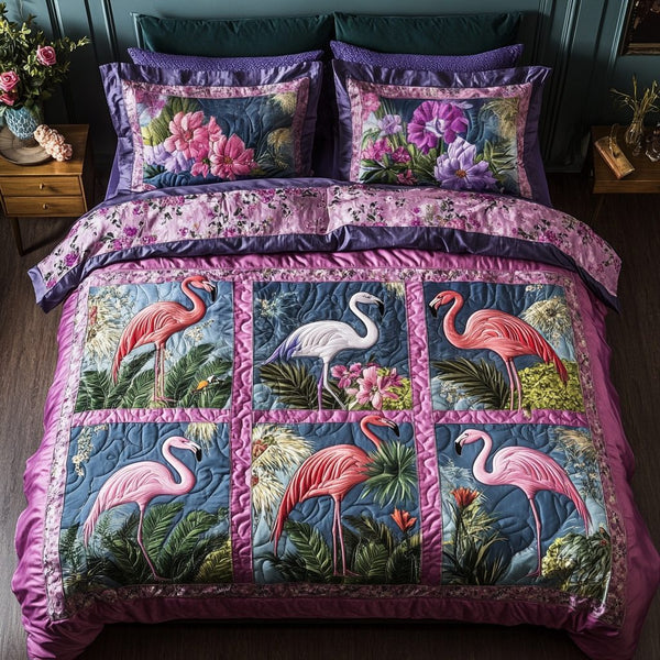 Palm Elegance quilted 3-piece bedding set on a made bed in a light coastal bedroom