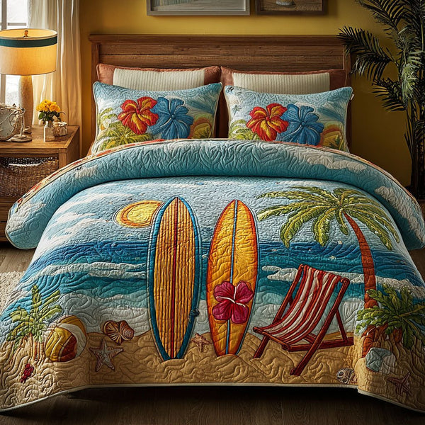 Palm Escape quilted 3-piece bedding set on a made bed in a light coastal bedroom