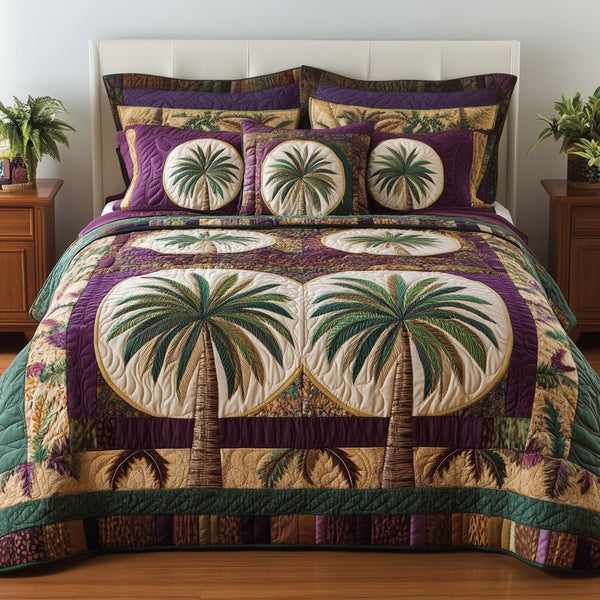 Palm Escape quilted 3-piece bedding set on a made bed in a light coastal bedroom