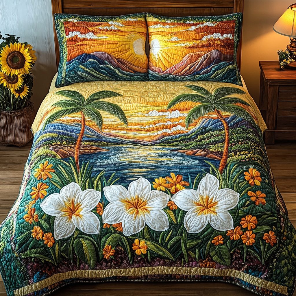 Palm Escape quilted 3-piece bedding set on a made bed in a light coastal bedroom