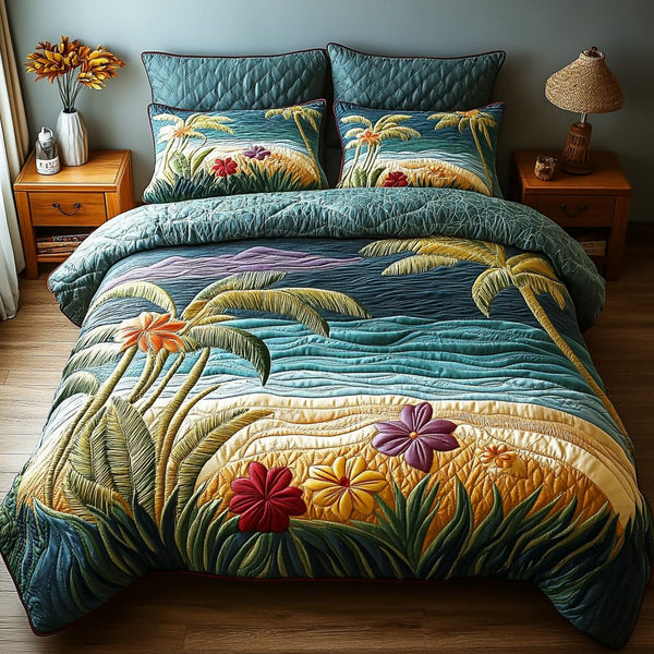 Palm Haven quilted 3-piece bedding set on a made bed in a light coastal bedroom