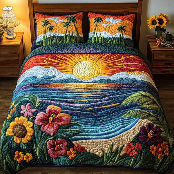 Palm Haven quilted 3-piece bedding set on a made bed in a light coastal bedroom